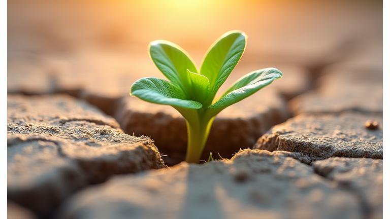 Una planta pequeña creciendo fuerte entre grietas de cemento, simbolizando resiliencia y crecimiento post-traumático.