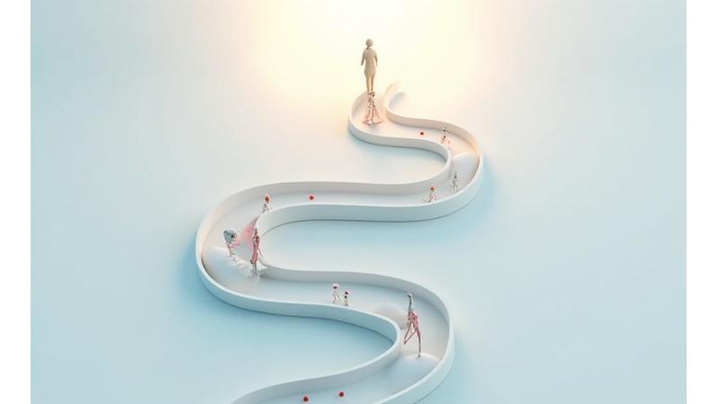 Ilustración de un camino con hitos y progreso, simbolizando la readaptación gradual y el avance personal.