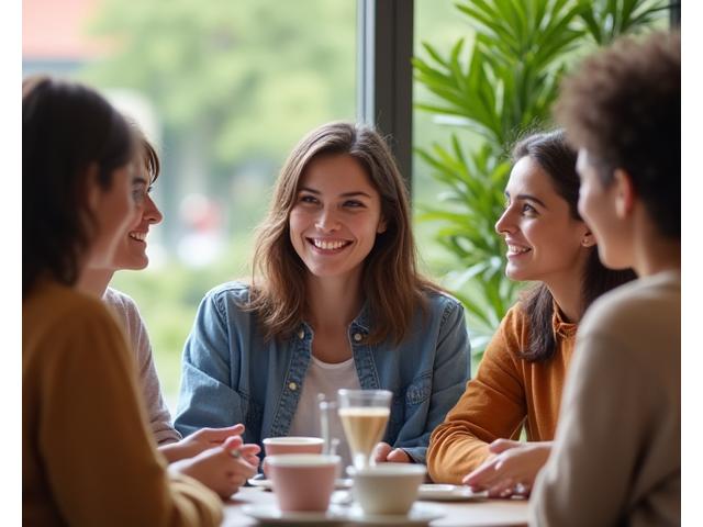 Persona sonriendo y conversando en un grupo pequeño, simbolizando la superación de la ansiedad social