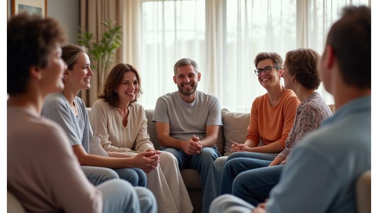 Un grupo de personas sentadas en círculo, compartiendo y apoyándose mutuamente en un ambiente cálido y seguro.