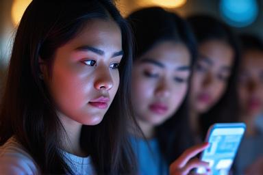 Grupo de jóvenes interactuando en redes sociales con un filtro de ansiedad
