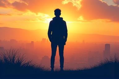 Silueta de una persona joven mirando un horizonte con varias opciones