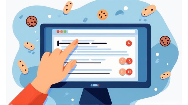 Ilustración de una persona configurando opciones de privacidad de cookies en una interfaz digital, con burbujas representando datos y control.