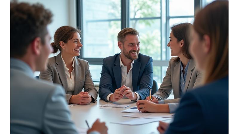 Equipo de profesionales en una sesión de coaching corporativo interactiva