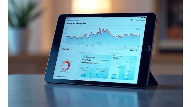 Representación gráfica de un dashboard personal de bienestar con métricas de estrés y progreso