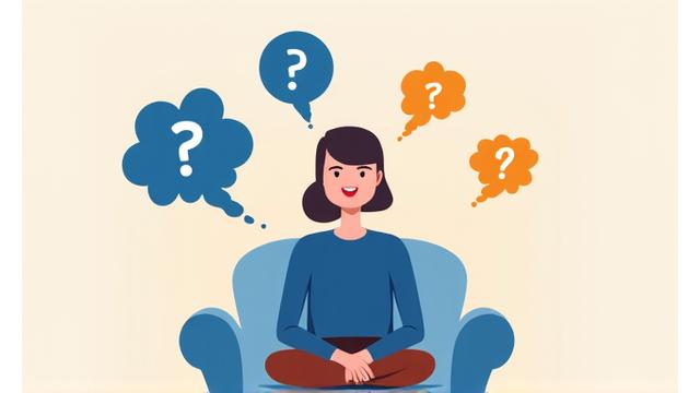 Persona sentada cómodamente, leyendo y preguntando, rodeada de burbujas de diálogo con signos de interrogación, representando la resolución de dudas frecuentes sobre la terapia virtual en Lava Lumen.