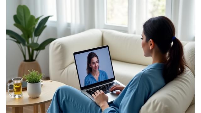 Consultas psicológicas virtuales en Colombia, paciente interactuando con su psicólogo a través de videollamada de forma segura y confidencial. Entorno luminoso y calmado.