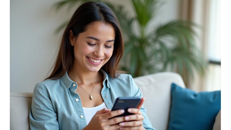 Persona sonriendo y revisando opciones de pago en su dispositivo, simbolizando la facilidad y transparencia de los planes de consulta psicológica virtual de Lava Lumen.