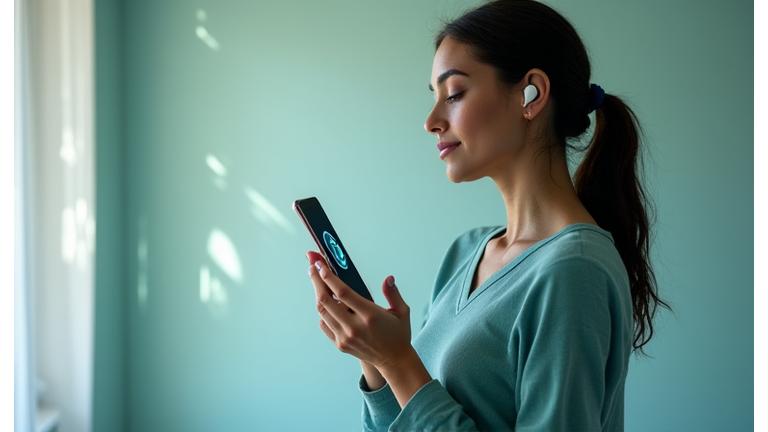 Persona usando auriculares y dispositivo móvil para un ejercicio de respiración guiada, con una representación visual de ondas de sonido y tranquilidad.