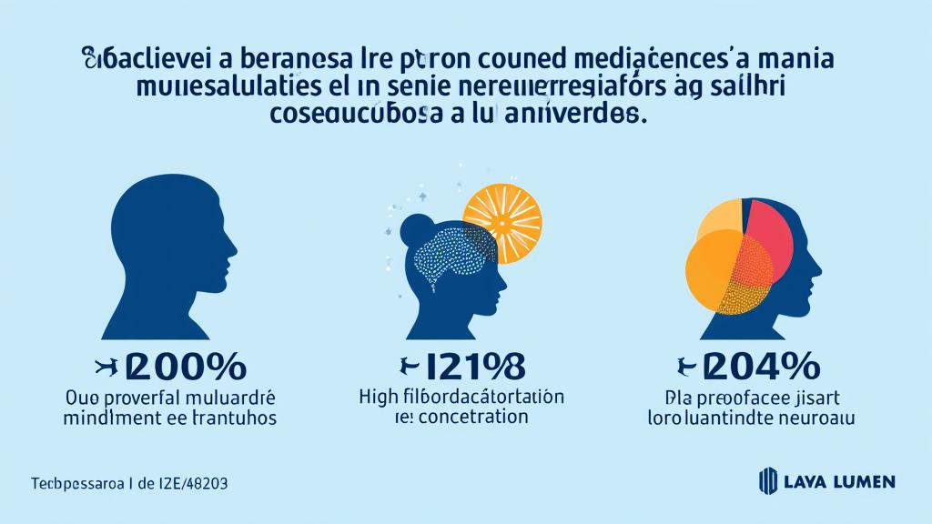 Infografía que muestra datos científicos sobre los beneficios del mindfulness en el cerebro y la salud mental, con gráficos de barras y ondas cerebrales.