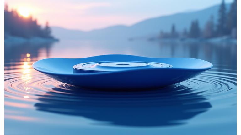 Representación de un reproductor de audio elegante con una onda de sonido suave y una imagen de fondo de un lago en calma al amanecer, simbolizando meditación y paz.