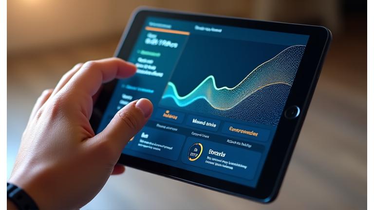Dashboard de aplicación móvil mostrando métricas de bienestar personal, gráficos de progreso de ánimo y recomendaciones personalizadas de ejercicios de mindfulness.