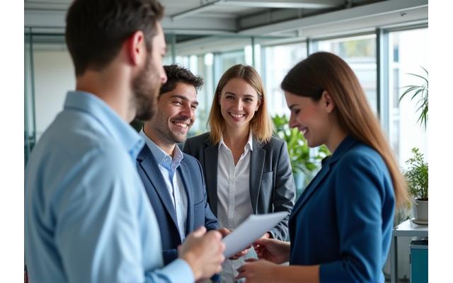 Grupo de profesionales colaborando en un entorno de oficina moderno y saludable.
