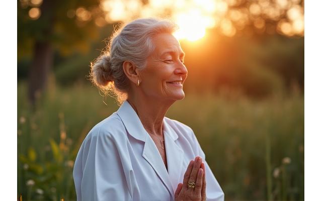 Mujer adulta mayor meditando tranquilamente en un jardín, simbolizando paz y sabiduría.