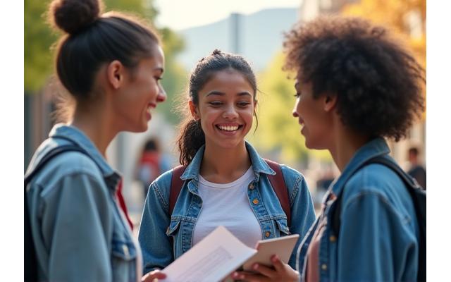 Jovenes estudiando juntos en un campus universitario, reflejando apoyo y comunidad.