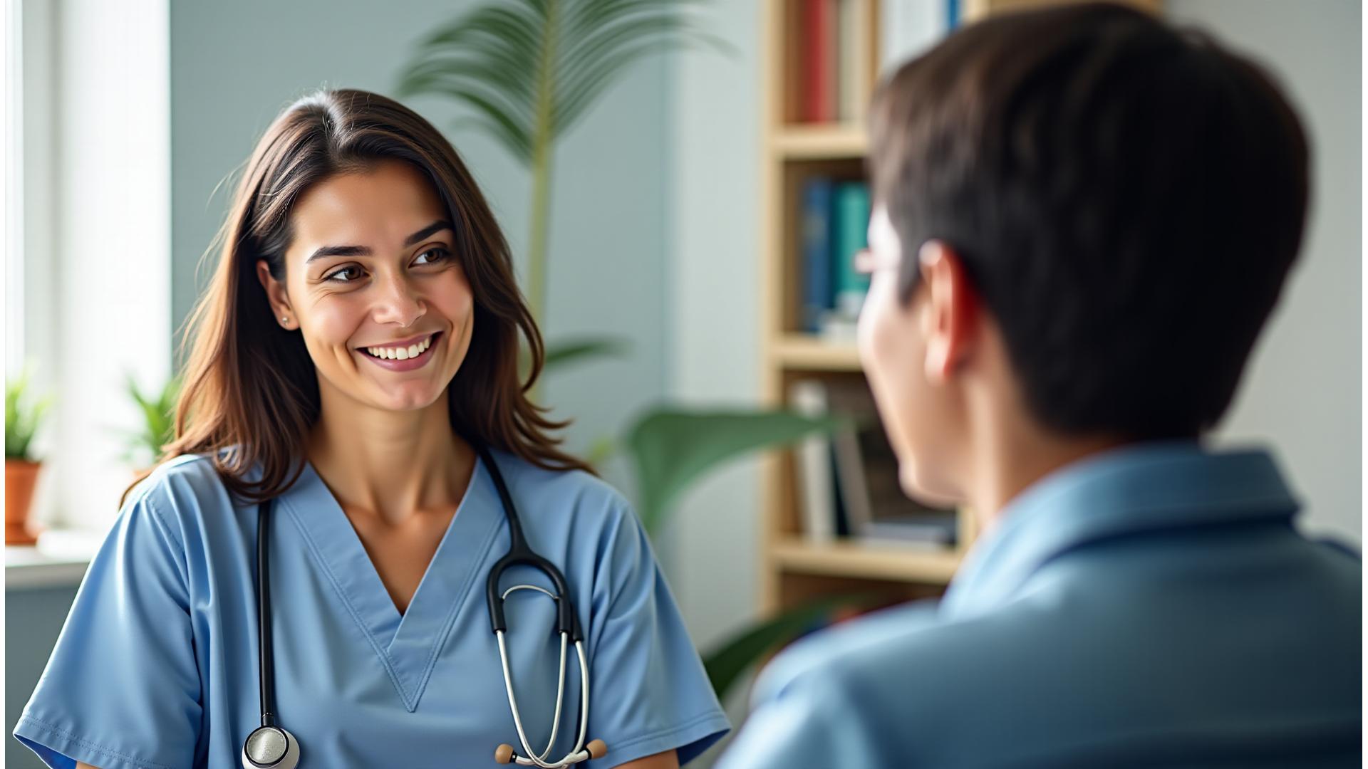 Profesional de la salud mental realizando una consulta virtual a un paciente sonriente en un entorno cómodo y moderno, simbolizando accesibilidad y confianza.