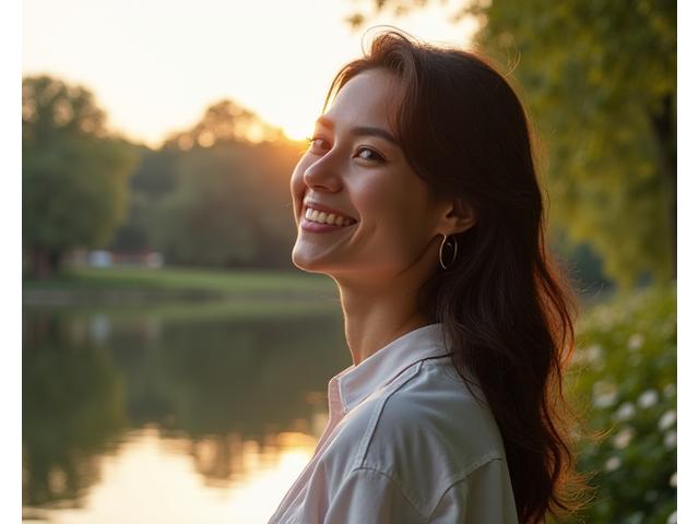 Mujer sonriente meditando en la naturaleza