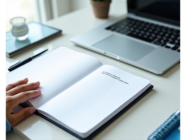 Persona trabajando en una oficina moderna, con un cuaderno y un bolígrafo