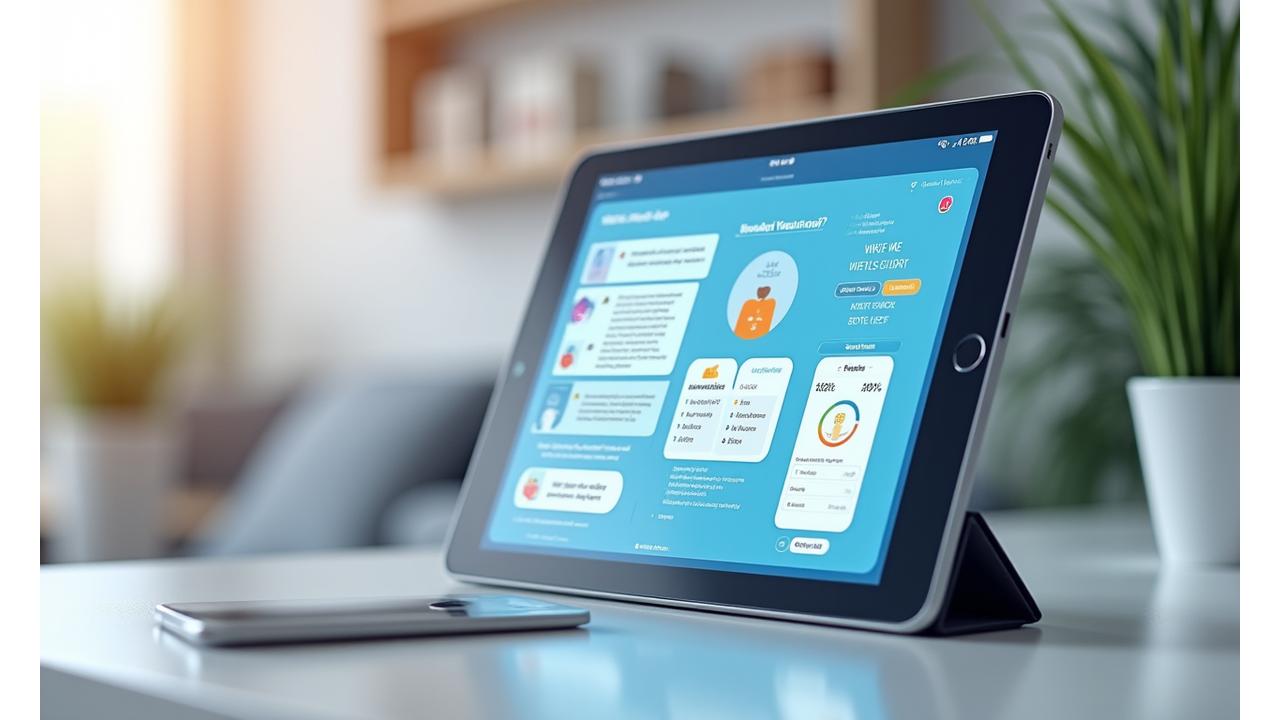 Representación de un chatbot interactuando con un usuario, mostrando estadísticas de efectividad y un preview de la aplicación de autogestión de ansiedad. Diseño futurista y limpio.