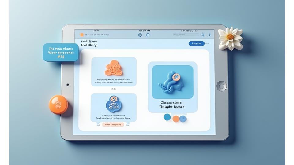 Pantalla de una aplicación mostrando varias herramientas de autogestión de ansiedad, como ejercicios de respiración, un diario de pensamientos y recursos educativos.