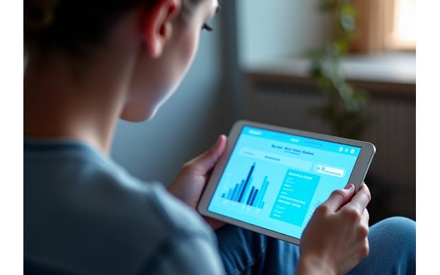 Persona tranquila completando una evaluación de ansiedad en una tablet, con gráficos de progreso virtuales y una sensación de alivio y claridad.