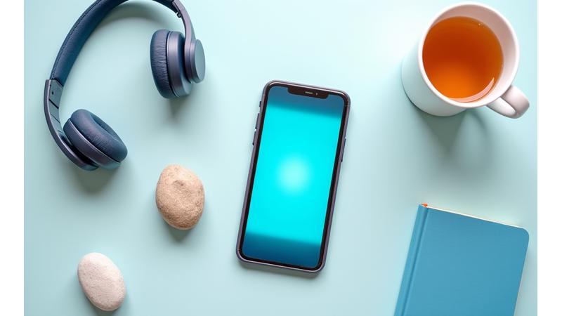 Una persona escuchando audio con audífonos, una tablet mostrando una aplicación con ejercicios de mindfulness y elementos visuales que sugieren calma y herramientas digitales.