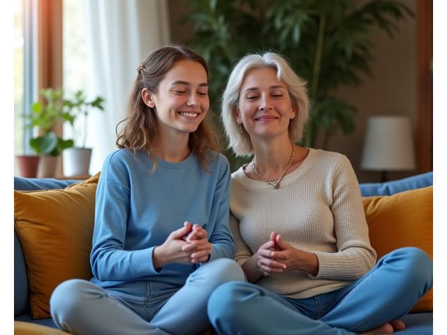 Una nieta y su abuela sonriendo y meditando juntas en casa, demostrando apoyo familiar y conexión intergeneracional.