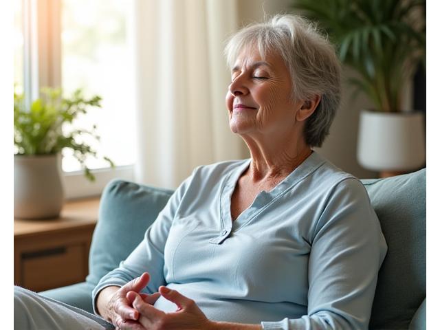 Una mujer mayor sonriendo serenamente mientras practica mindfulness, sentada cómodamente en una silla, con un entorno cálido y luminoso. Representa paz y sabiduría.