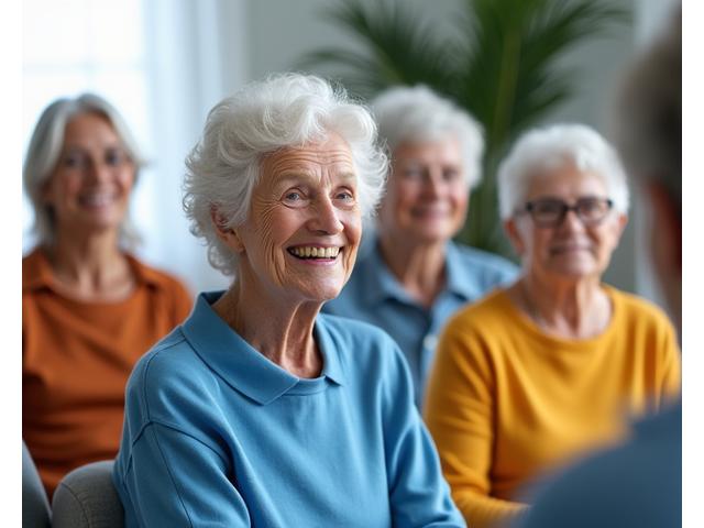 Un grupo diverso de personas mayores participando alegremente en una sesión de meditación grupal virtual, con sonrisas y gestos de conexión.