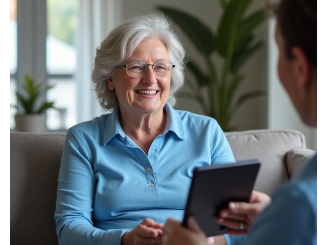 Una persona mayor sonriendo y usando una tablet con la ayuda de un asistente virtual, demostrando la facilidad de acceso a la tecnología.