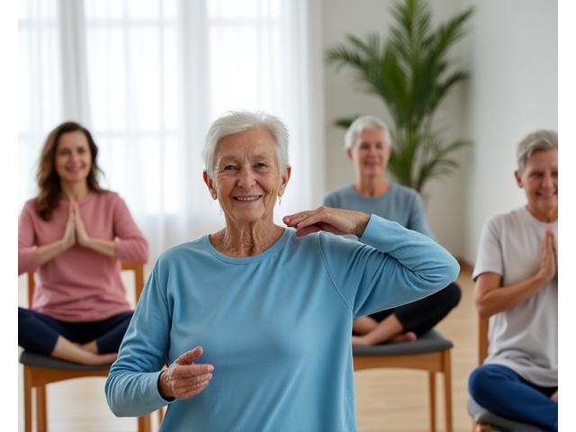 Un grupo de personas mayores practicando yoga suave en sillas, con expresiones de concentración y paz. El entorno es luminoso y accesible.