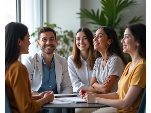 Un grupo diverso de psicólogos de Lava Lumen sonriendo y colaborando en un entorno moderno y luminoso.