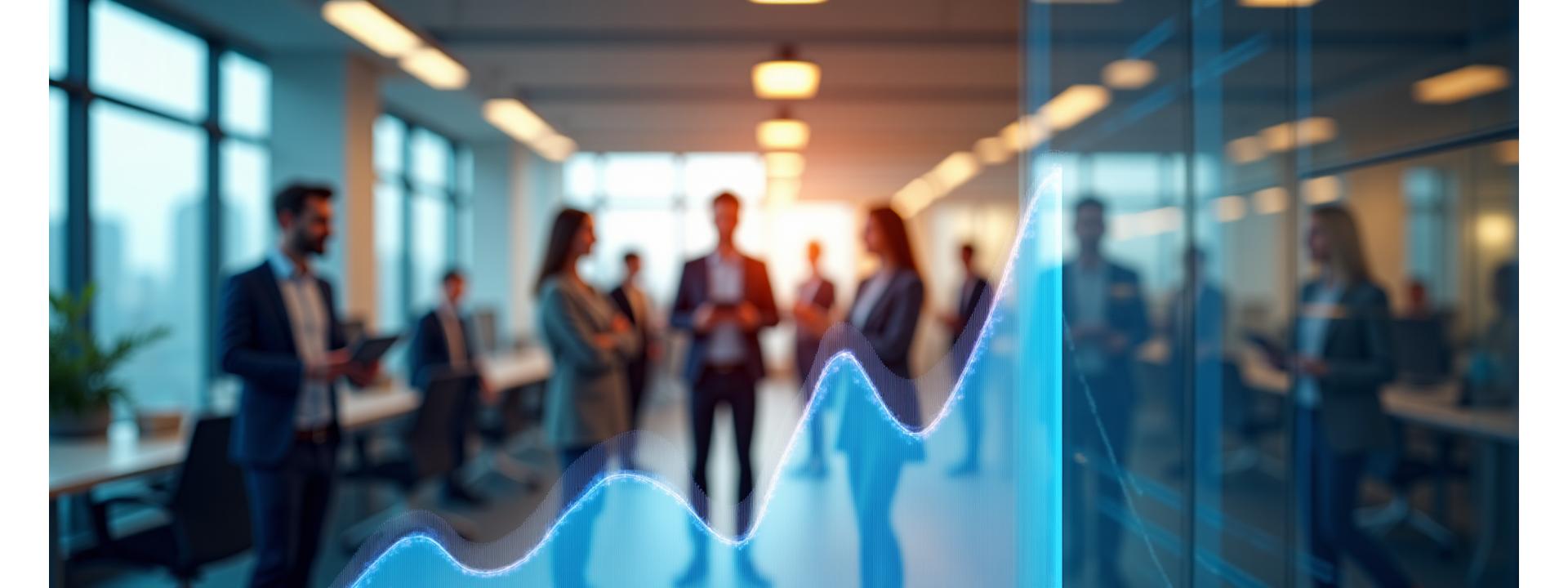 Crecimiento de gráficos financieros y personas sonriendo en un entorno de oficina moderno y luminoso.