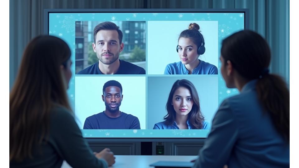 Personas participando en una sesión de terapia grupal virtual, con sus rostros proyectados en una pantalla interactiva, mostrando compromiso.