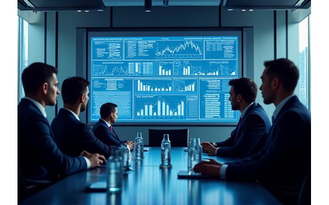 Ejecutivos enfocados en una sala de juntas, con gráficos financieros en una pantalla, mostrando una alta presión.