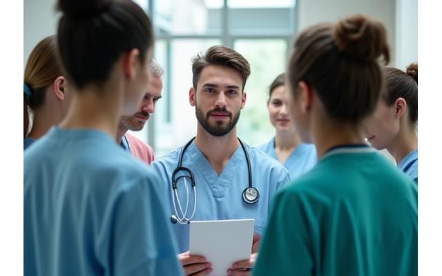 Profesionales de la salud trabajando en equipo en un hospital moderno, con expresiones de calma y apoyo mutuo.