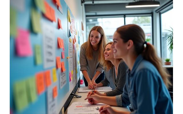 Jóvenes profesionales creativos colaborando alegremente en una oficina moderna de startup, con post-its y pizarras.