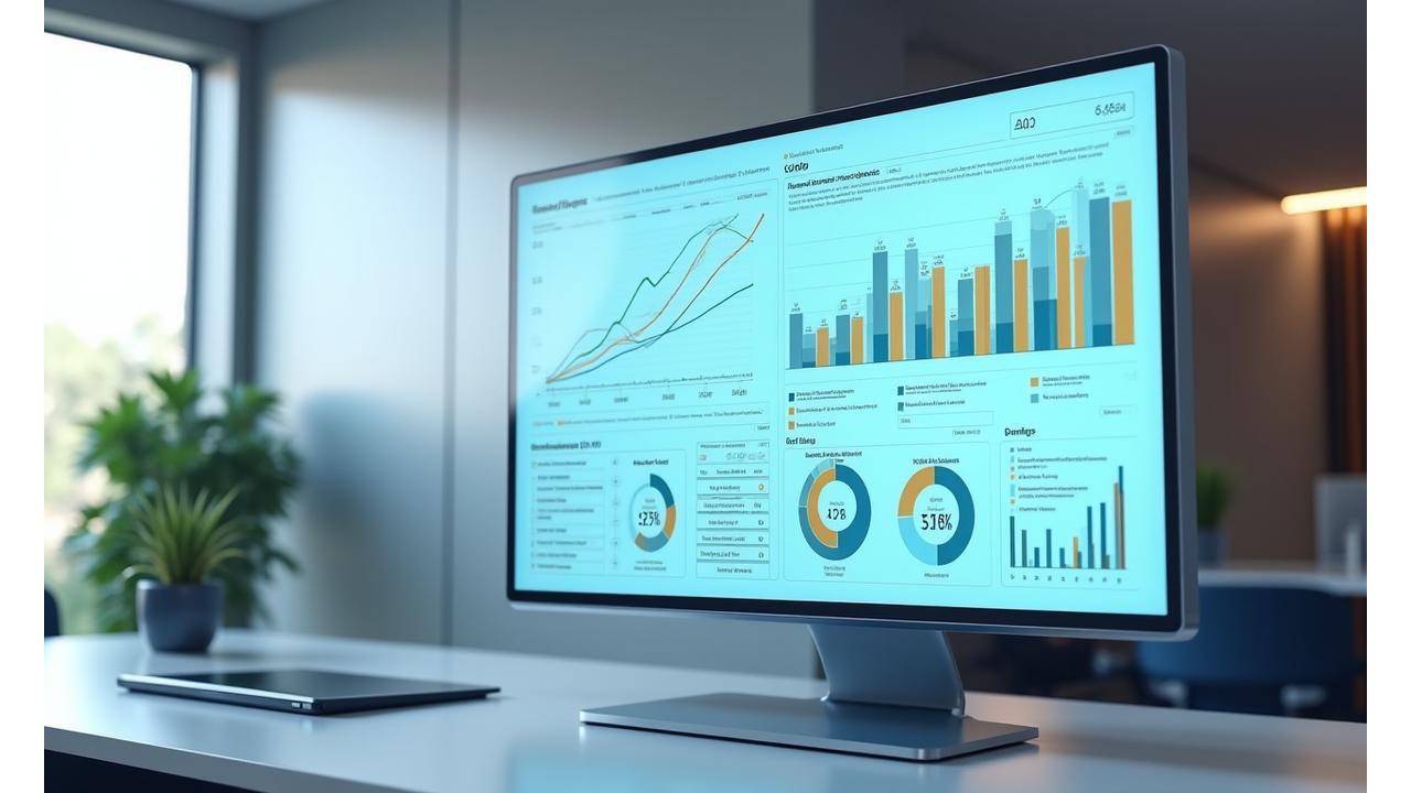 Moderno dashboard ejecutivo mostrando KPIs de bienestar y productividad, con gráficos de tendencia ascendente en una pantalla.