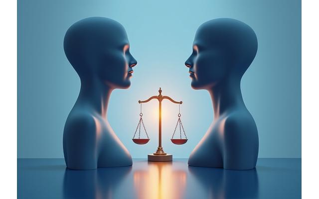 Dos figuras humanas abstractas con un símbolo de balanza entre ellas, representando la ética y el equilibrio profesional.