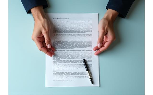 Manos unidas sosteniendo un bolígrafo sobre un documento con texto legal, simbolizando acuerdo y claridad en los términos.