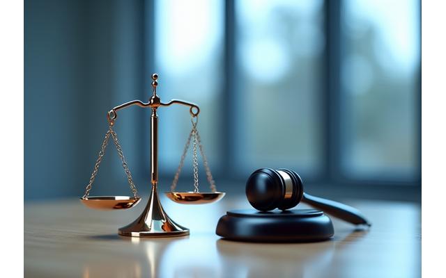Un martillo de juez y una balanza sobre una mesa, simbolizando justicia y resolución legal de disputas.
