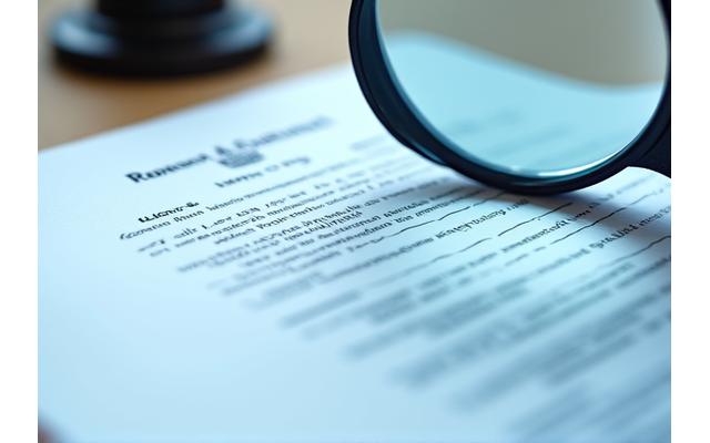 Una lupa examinando un documento legal con un sello de aprobación, simbolizando la revisión y limitación de responsabilidades.