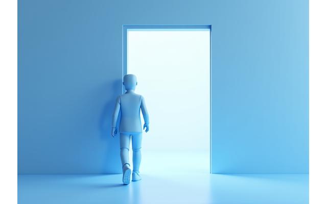 Una silueta abstracta de una persona alejándose de una puerta cerrada, indicando finalización o suspensión de un servicio.